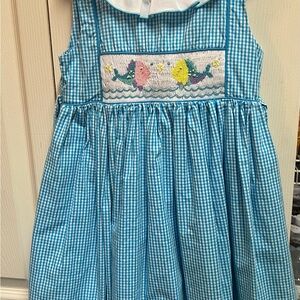 American Princess Blue Gingham Smocked Dress with Fish Design